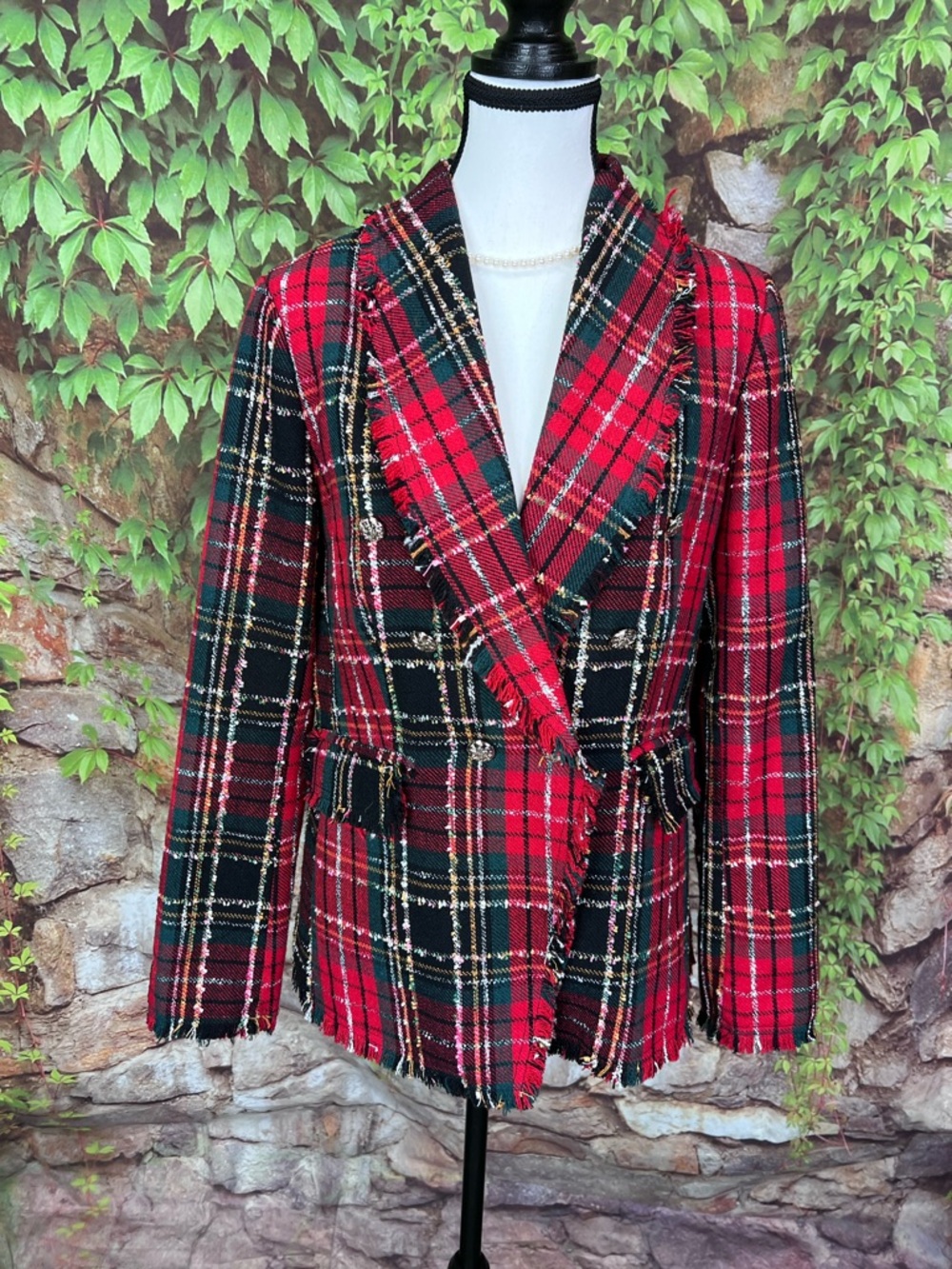 RACHEL ZOE Preppy Red Raw Hemmed Tartan Plaid Equestrian Blazer, M - Picture 2 of 16